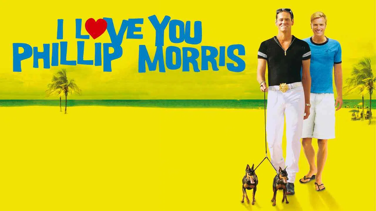 The movie poster of I Love You Phillip Morris. It has a bright yellow background and two men walking two dogs on the beach.